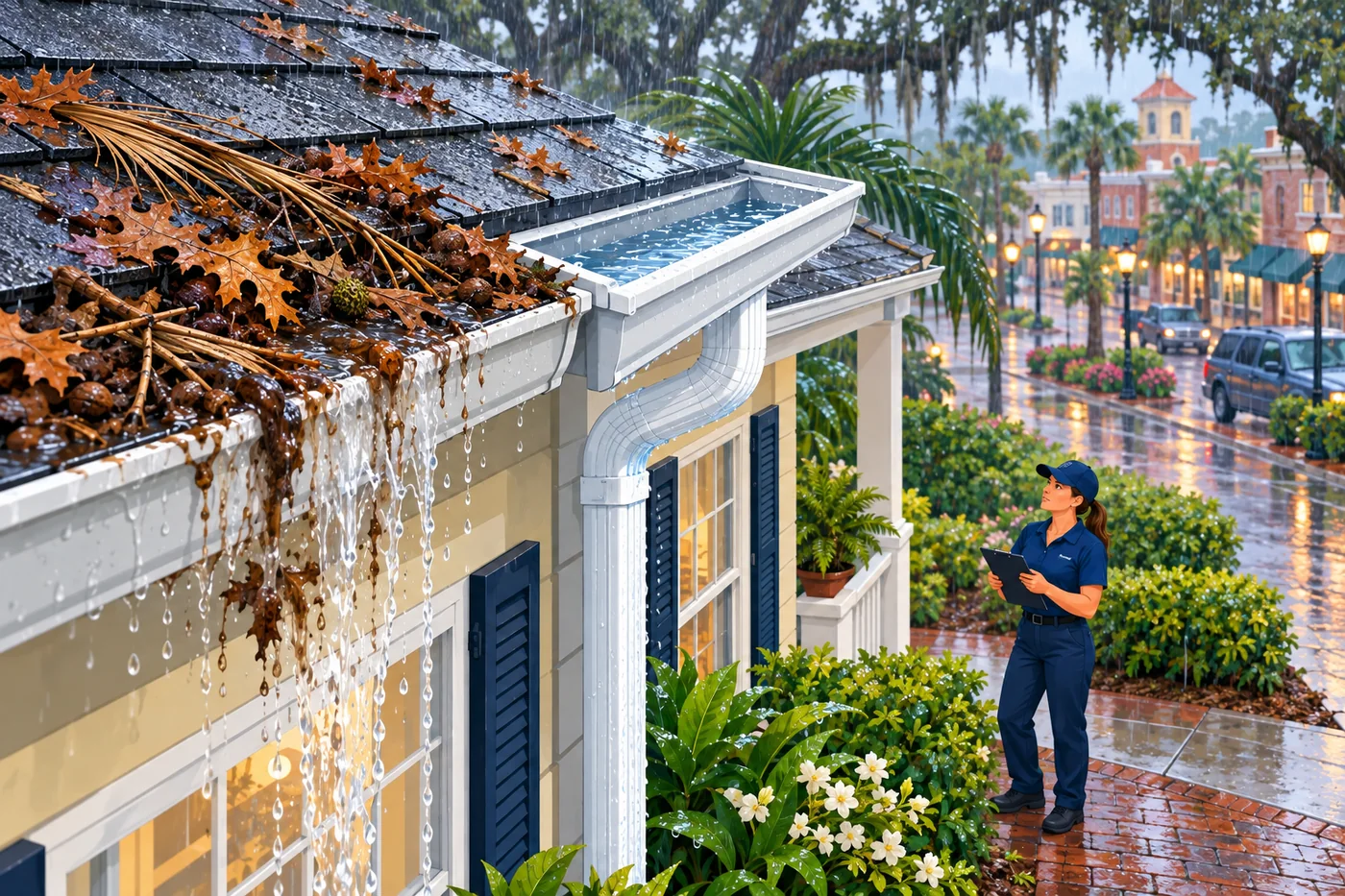 Illustration: gutters and a downspout at a Winter Garden-area home in Florida weather